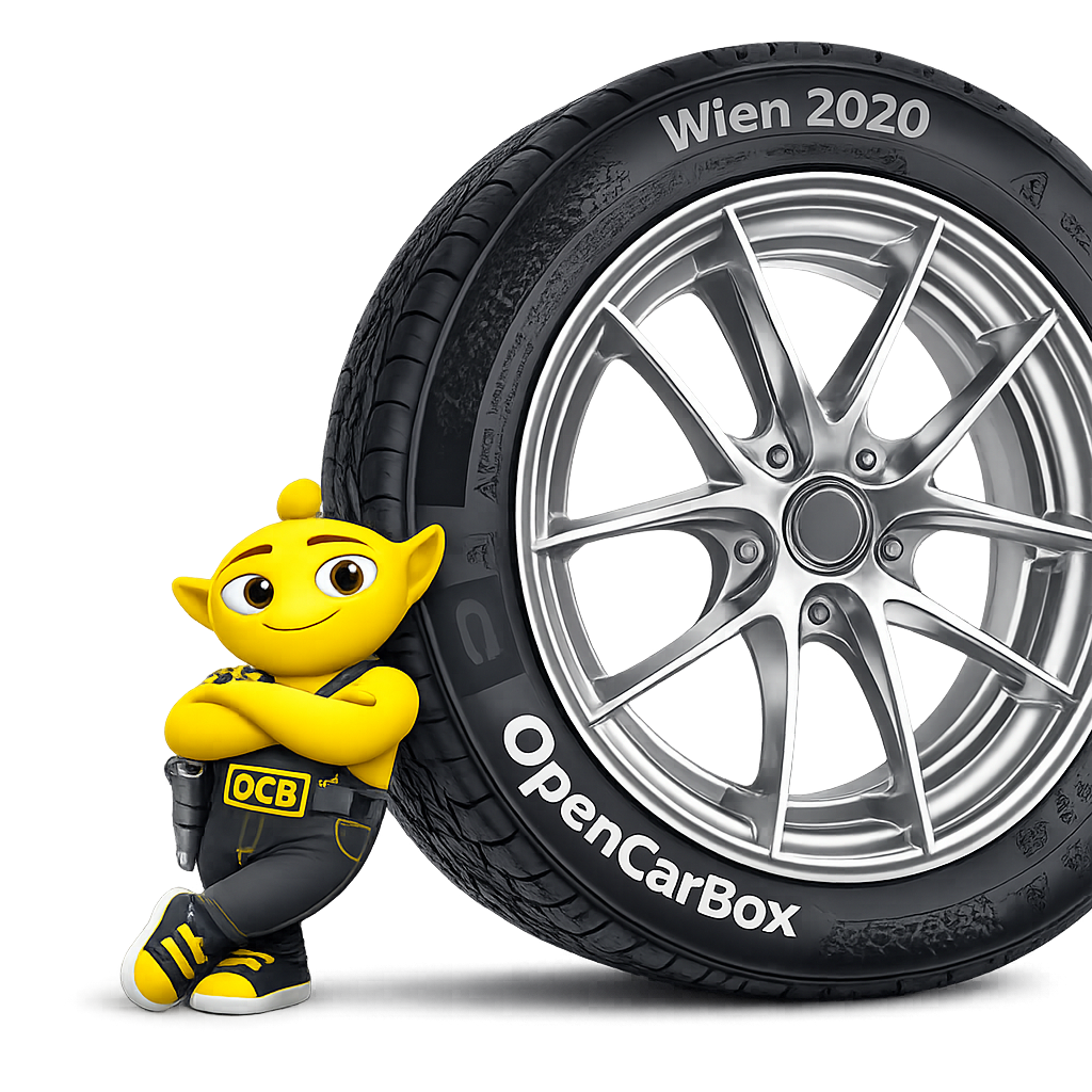 OpenCarBox Maskottchen – Alien-Mechaniker mit Reifen